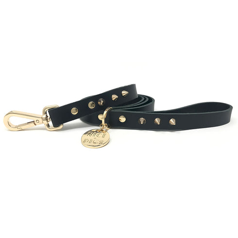 SMOOTH SPIKE LEATHER DOG LEASH / GOLD