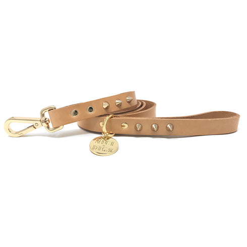 SMOOTH SPIKE LEATHER DOG LEASH / GOLD